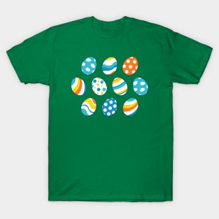 Egg Pattern | Blue Yellow Orange | Stripes Clouds Flowers Dots | Green T-Shirt